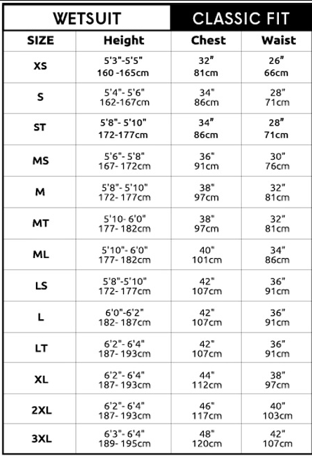 OBrien 2mm Unisex Shorty Wetsuit Size Chart