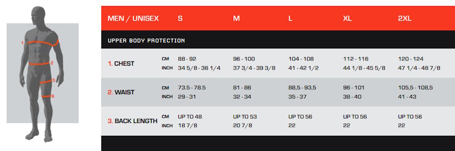 XION Freeride Vest Lite V1 Mens Back Protector Size Chart